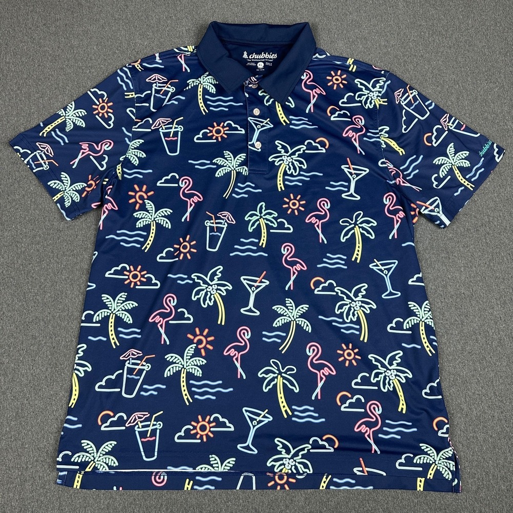 Chubbies Mens XL Neon Beach Flamingo Palm Tree Golf Polo Shirt Navy Tropical